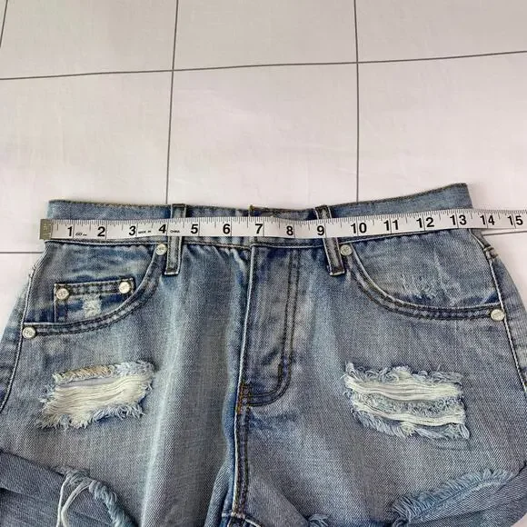 One Teaspoon Shorts Womens 25 Blue Bandits High Rise Distressed Raw Hem Ripped - Picture 6 of 10